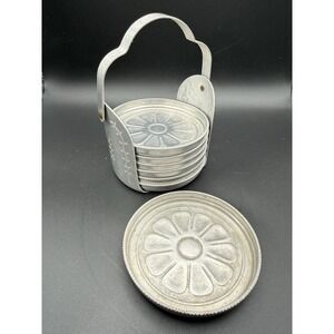 Vintage Set 7 Coasters & Holder MID-CENTURY Hand Forged Aluminum Daisy Motif MCM